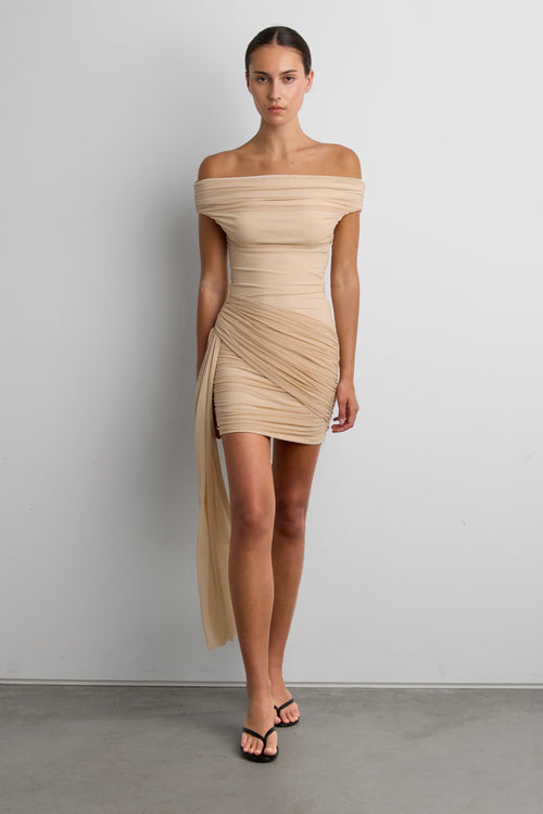 MESH OFF-SHOULDER DRAPED MINI DRESS
