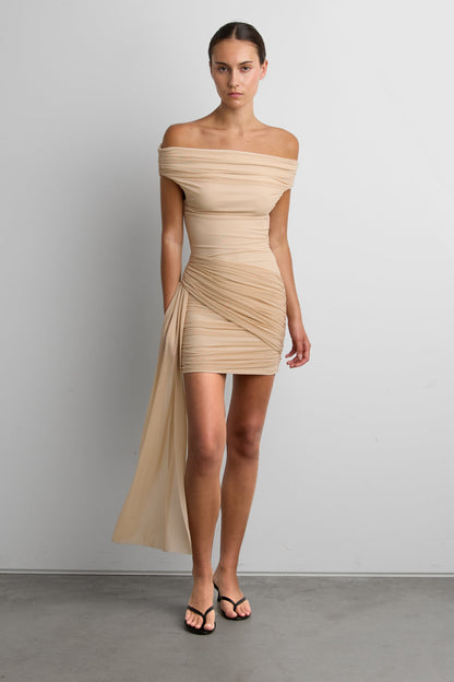 MESH OFF-SHOULDER DRAPED MINI DRESS