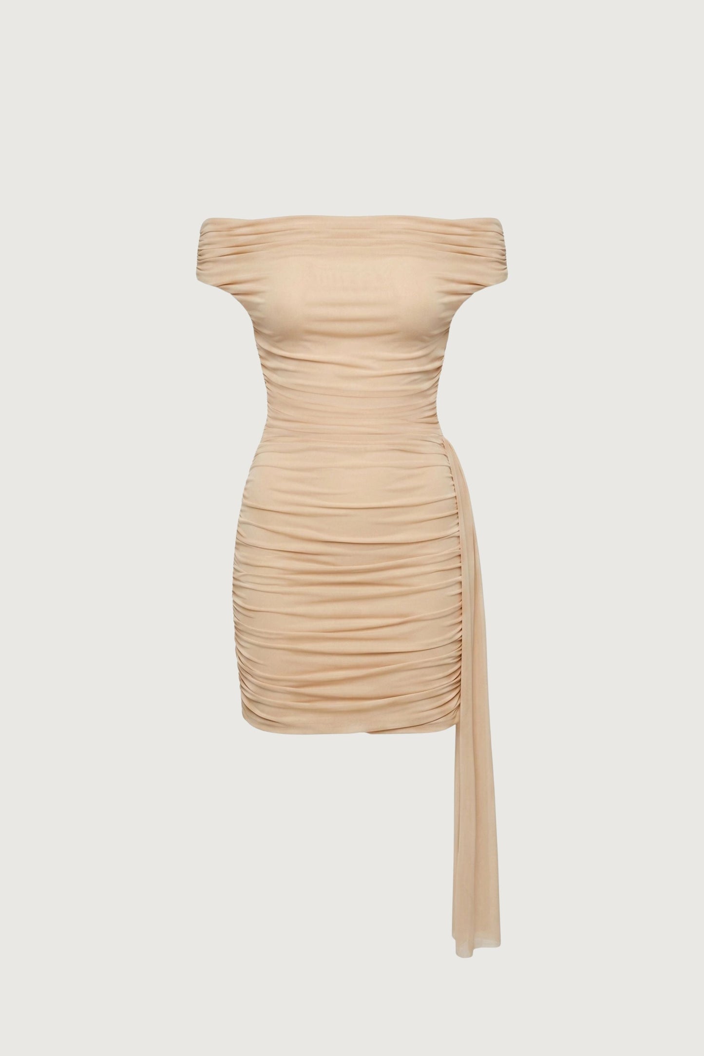 MESH OFF-SHOULDER DRAPED MINI DRESS