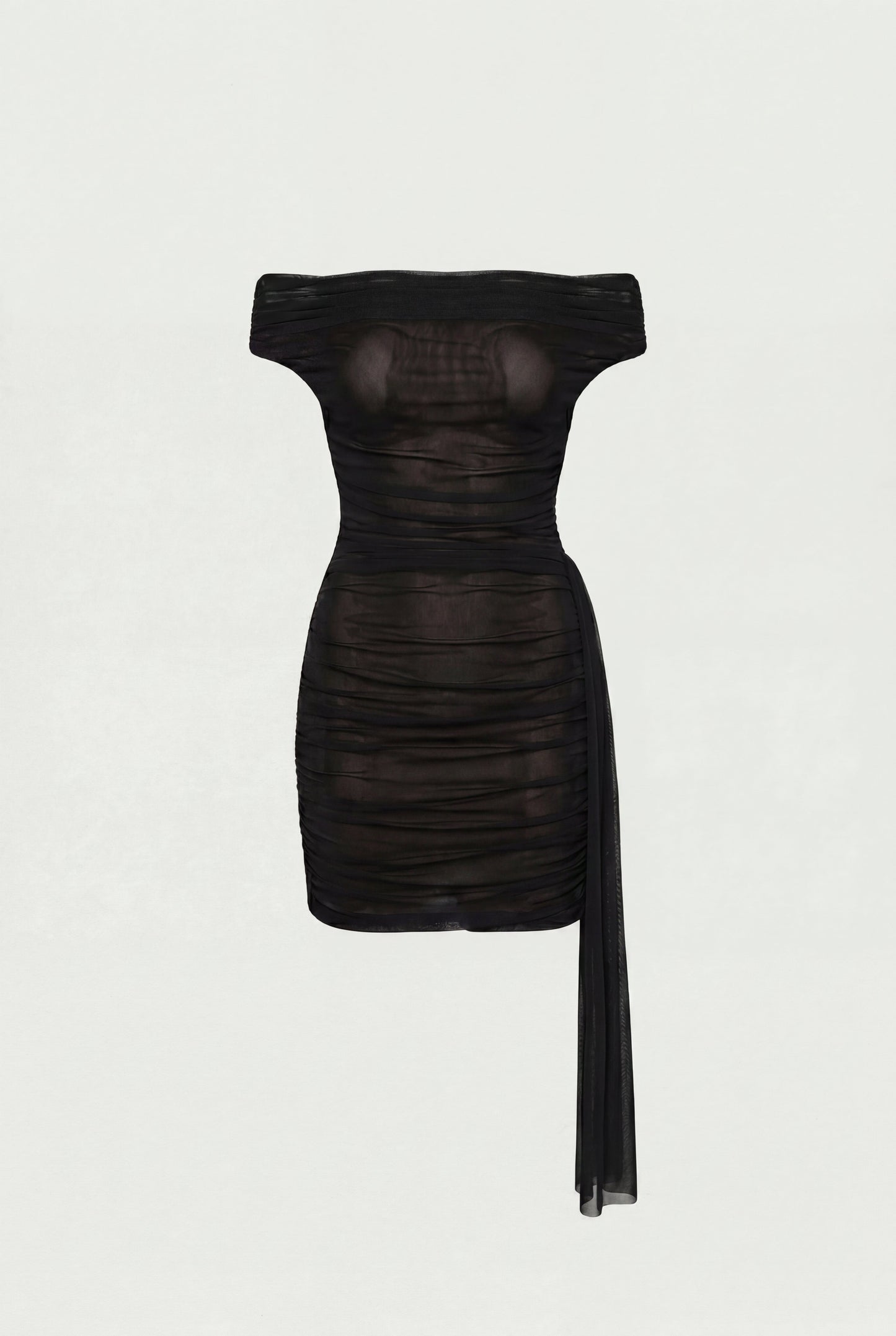 MESH OFF-SHOULDER DRAPED MINI DRESS