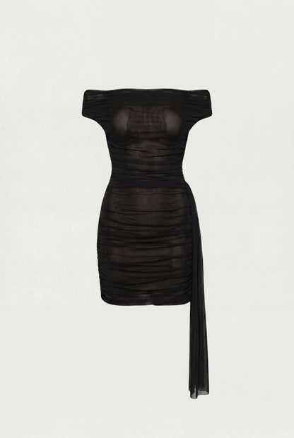 MESH OFF-SHOULDER DRAPED MINI DRESS
