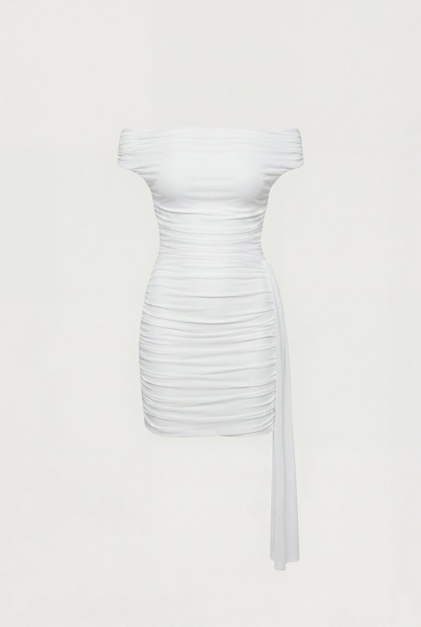 MESH OFF-SHOULDER DRAPED MINI DRESS