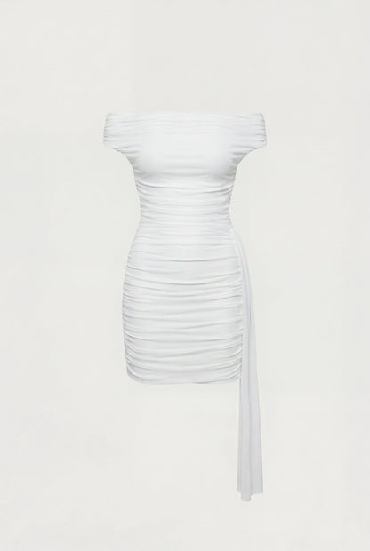MESH OFF-SHOULDER DRAPED MINI DRESS