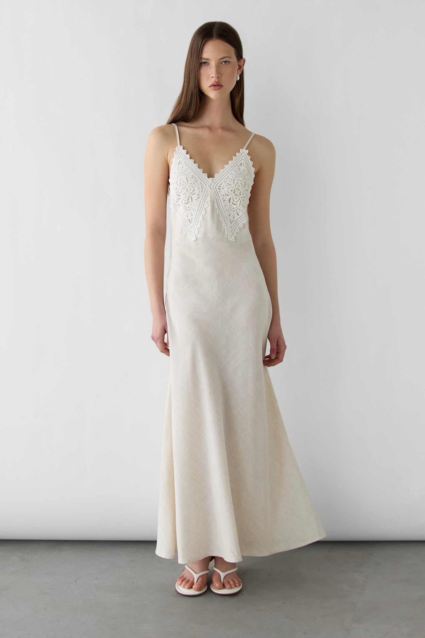 EMBROIDERED LACE SATIN SLIP DRESS