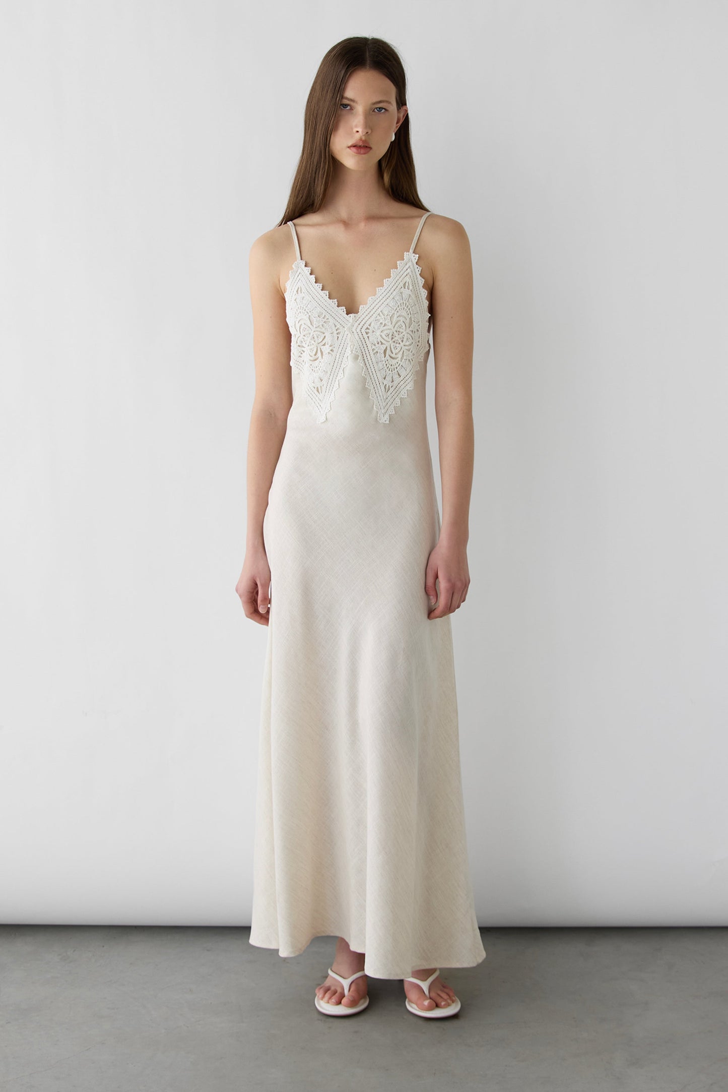 EMBROIDERED LACE SATIN SLIP DRESS