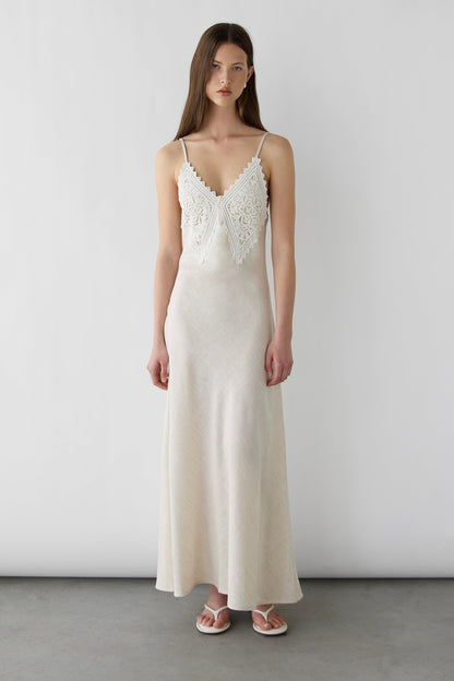 EMBROIDERED LACE SATIN SLIP DRESS