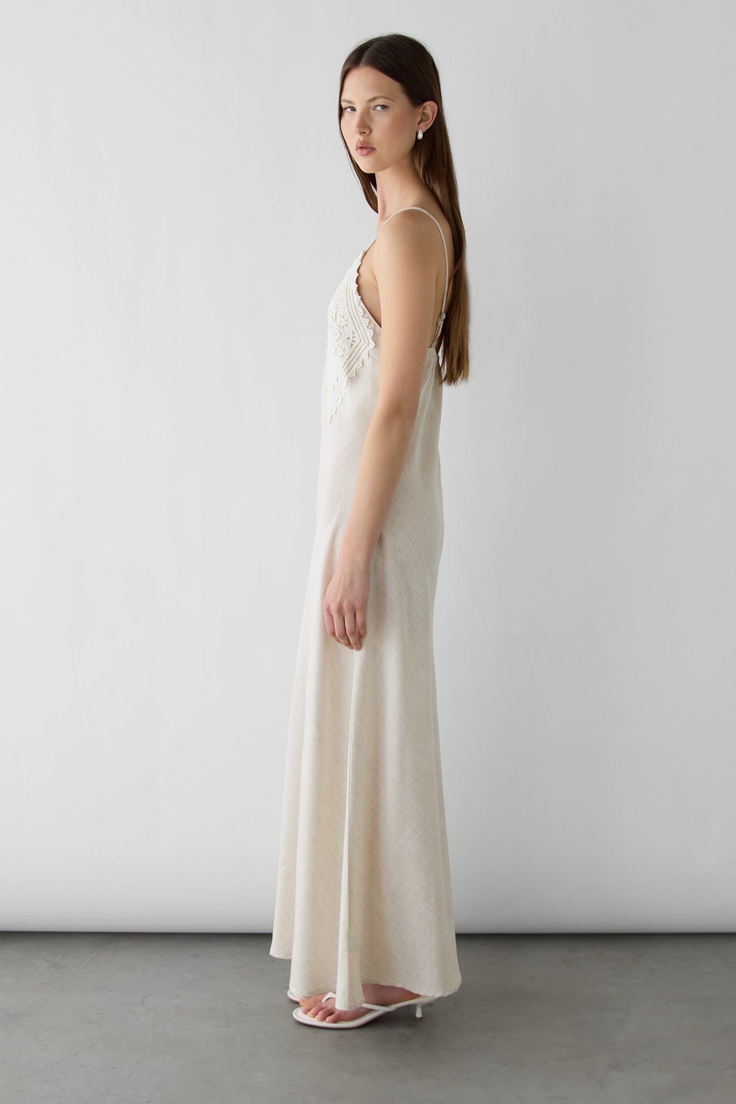 EMBROIDERED LACE SATIN SLIP DRESS