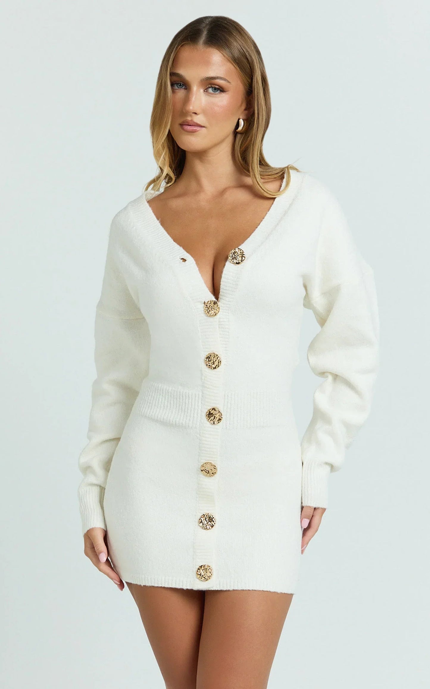 Demelza Mini Dress - Knit Button Down Blouson Cardigan Mini Dress in Cream