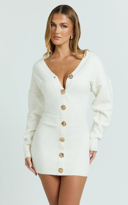 Demelza Mini Dress - Knit Button Down Blouson Cardigan Mini Dress in Cream