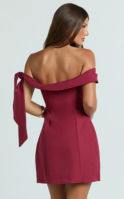 Cecilia Mini Dress - Off Shoulder Tie Detail Dress in Wine