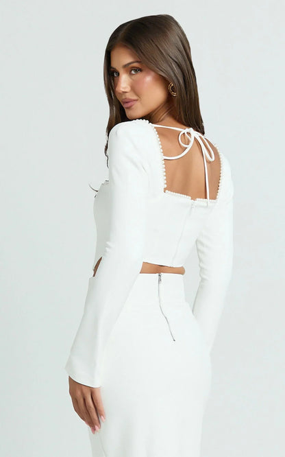 Clarissa Top - Square Neck Pearl Trim Long Sleeve Top in Off White