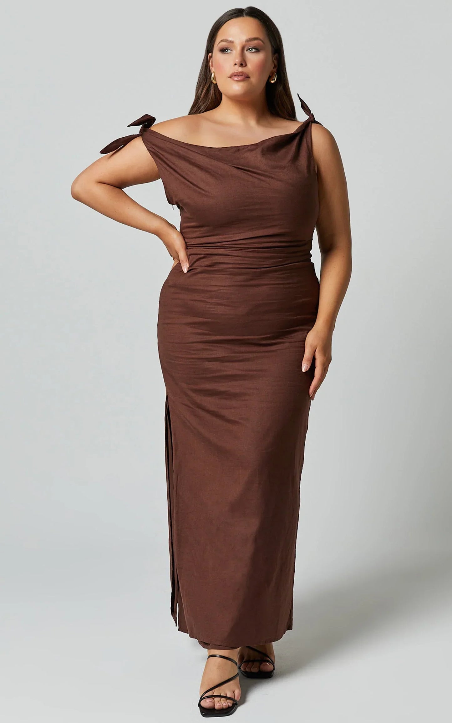 Cincinnati Midi Dress - Off The Shoulder Side Split Column Linen Dress in Chocolate