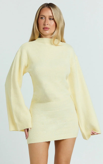 Dakota Mini Dress - Knit Long Sleeve Dress in Lemon
