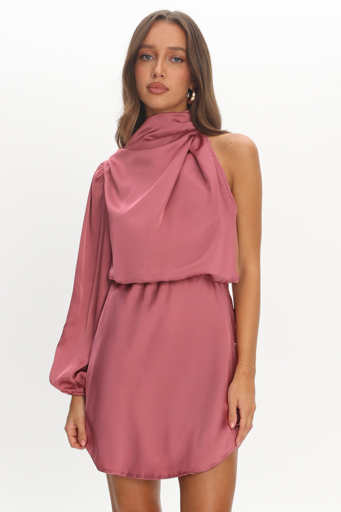 Can't Compete One Sleeve Satin Mini Dress Dusty Pink