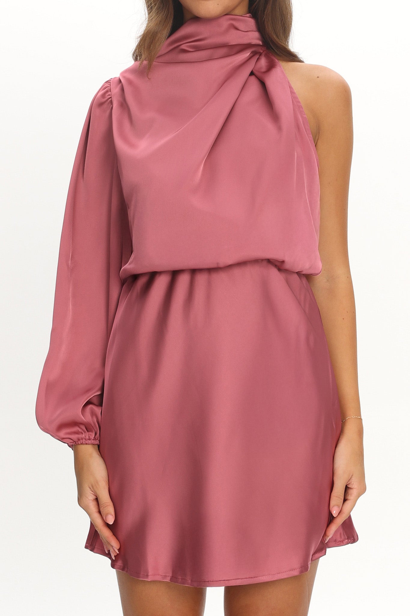 Can't Compete One Sleeve Satin Mini Dress Dusty Pink