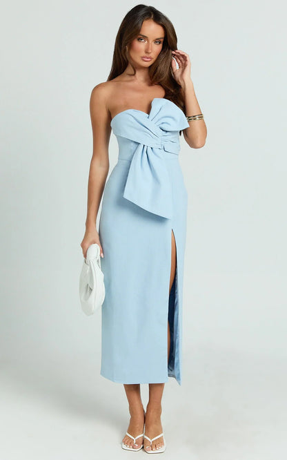 Chika Midi Dress - Linen Look Strapless Bow Front High Split Dress in Pale Blue