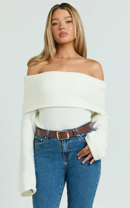 Darcie Top - Off Shoulder Long Sleeve Knitted Top in Cream