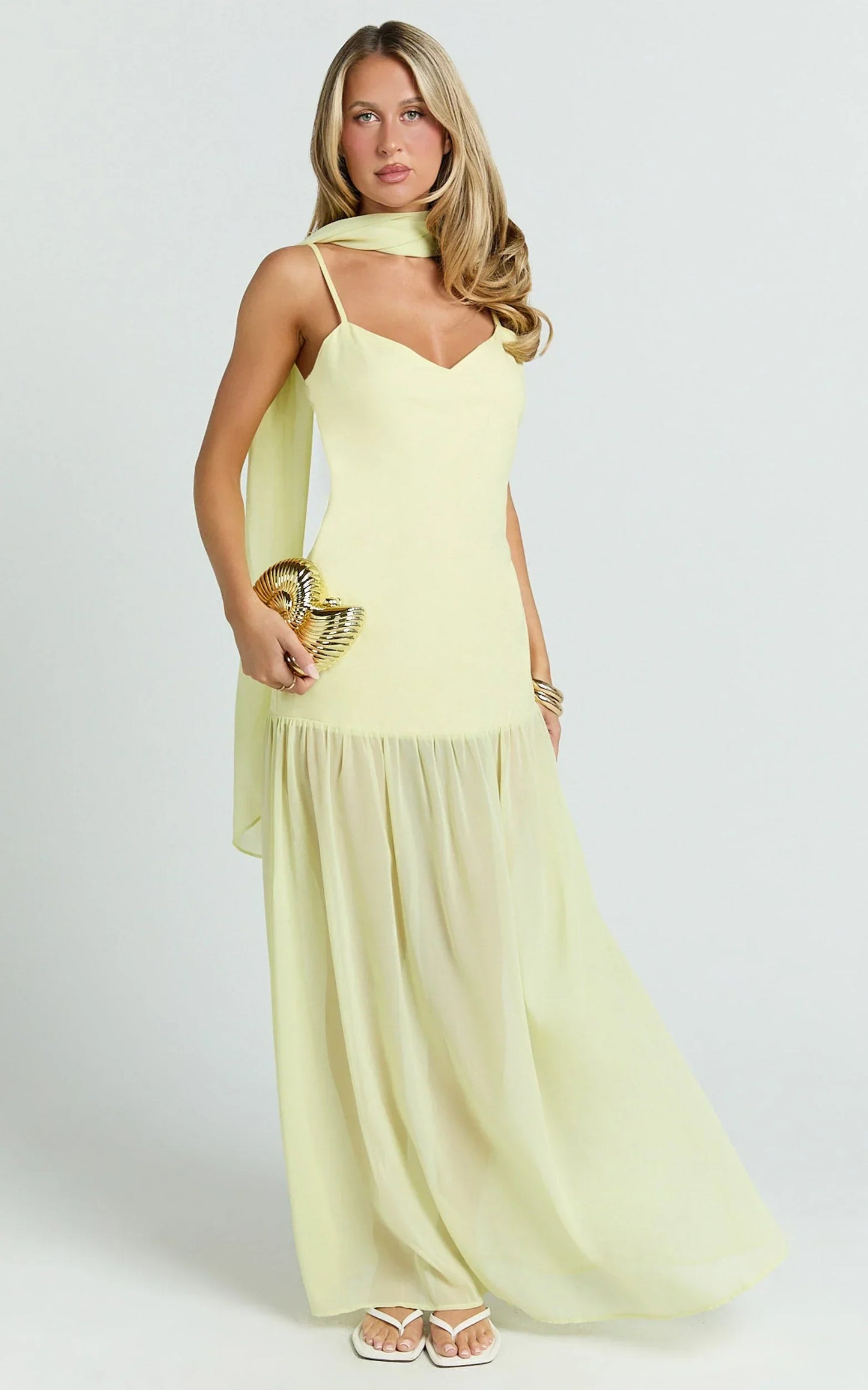 Calvin Maxi Dress - Linen Look Contrast Georgette Skirt with Neck Scarf in Lemon