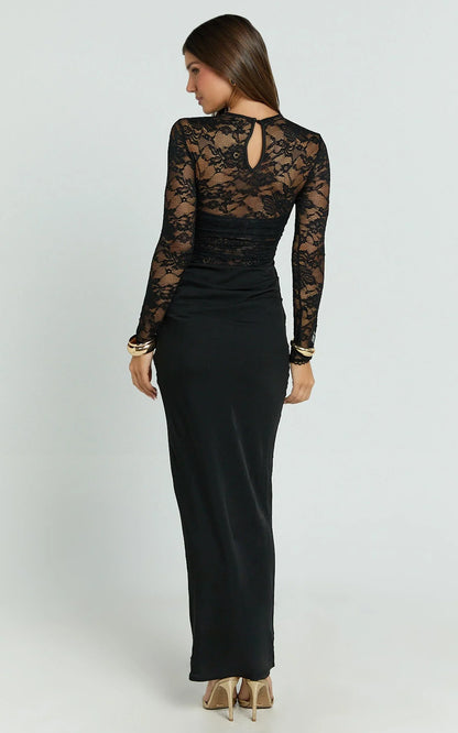 Crisanta Maxi Dress - Long Sleeve Contrast Lace Bodycon Dress in Black