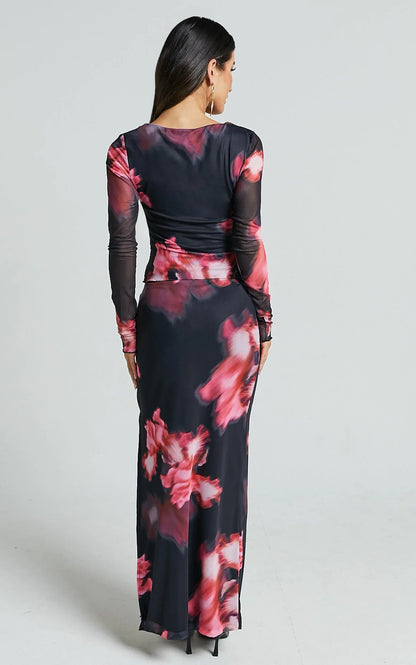 Chrissy Maxi Skirt - High Waisted Mesh Skirt in Daze Print