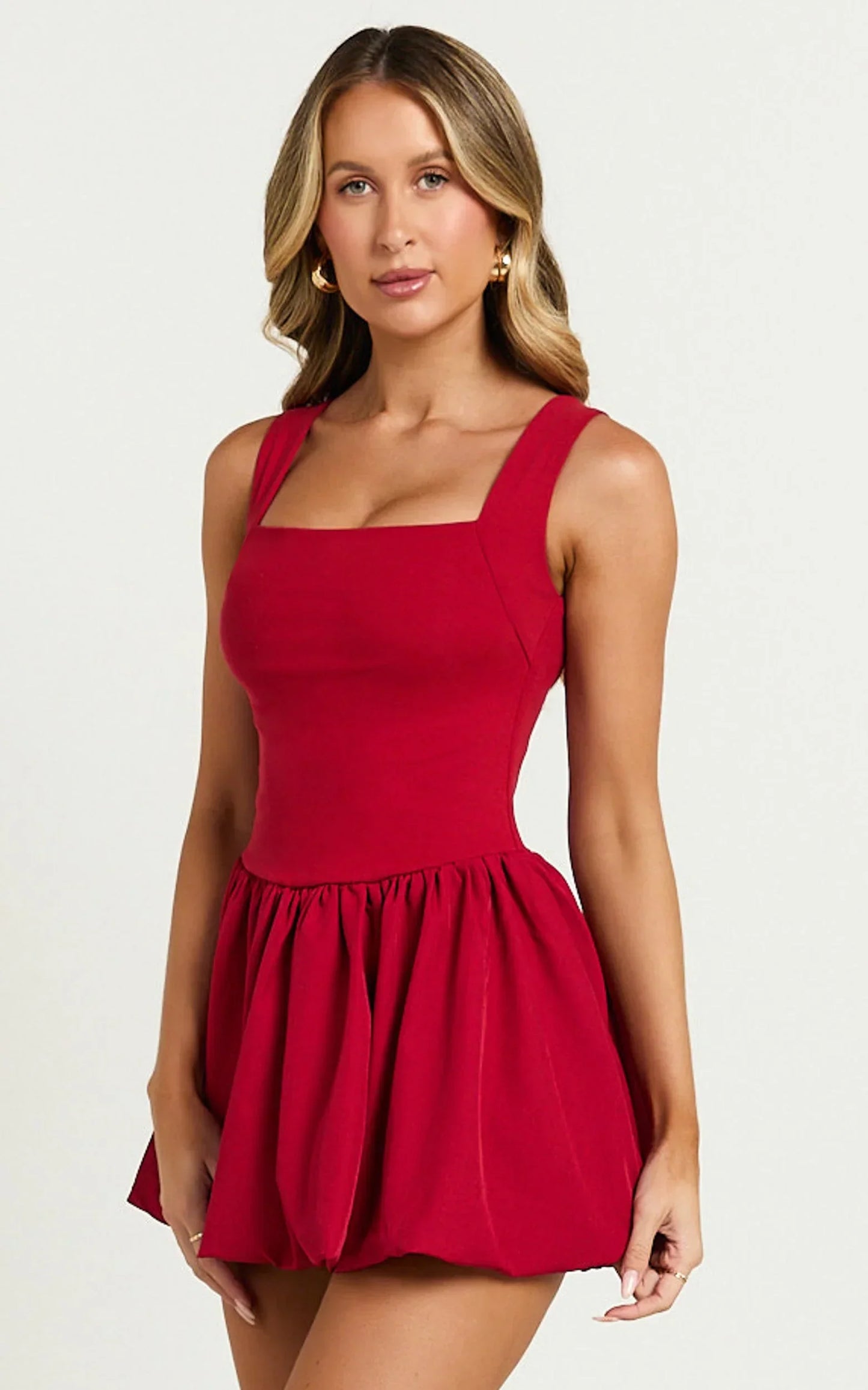 Bridgette Mini Dress - Straight Neck Sleeveless Bubble Hem Dress in Red