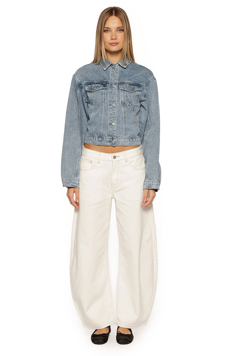 Elana Mid Wash Cinched Waist Denim Jacket