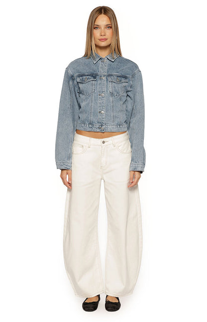 Elana Mid Wash Cinched Waist Denim Jacket