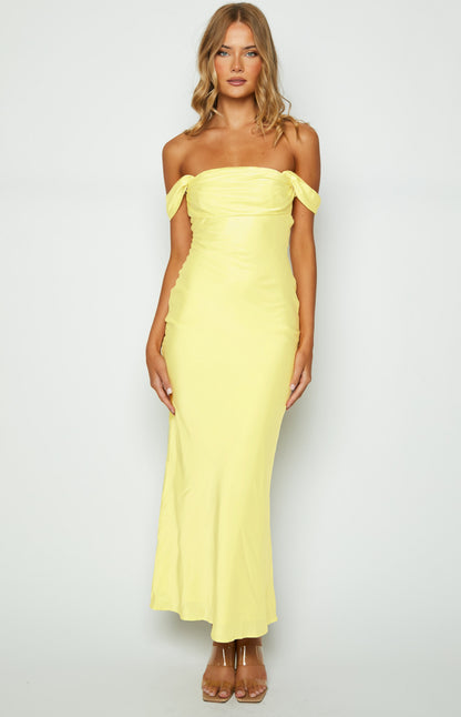 Ella Light Yellow Off Shoulder Formal Maxi Dress