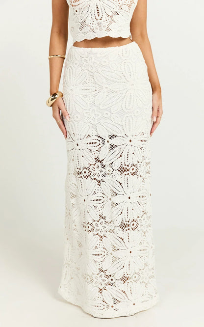Charlene Maxi Skirt - Crochet Fit And Flare Skirt in White