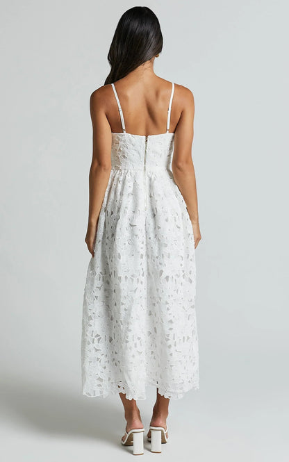 Deborah Midi Dress - Strappy Sweetheart Neck Corset Lace Dress in White
