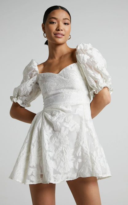 Brailey Mini Dress - Puff Sleeve Fit and Flare Dress in White