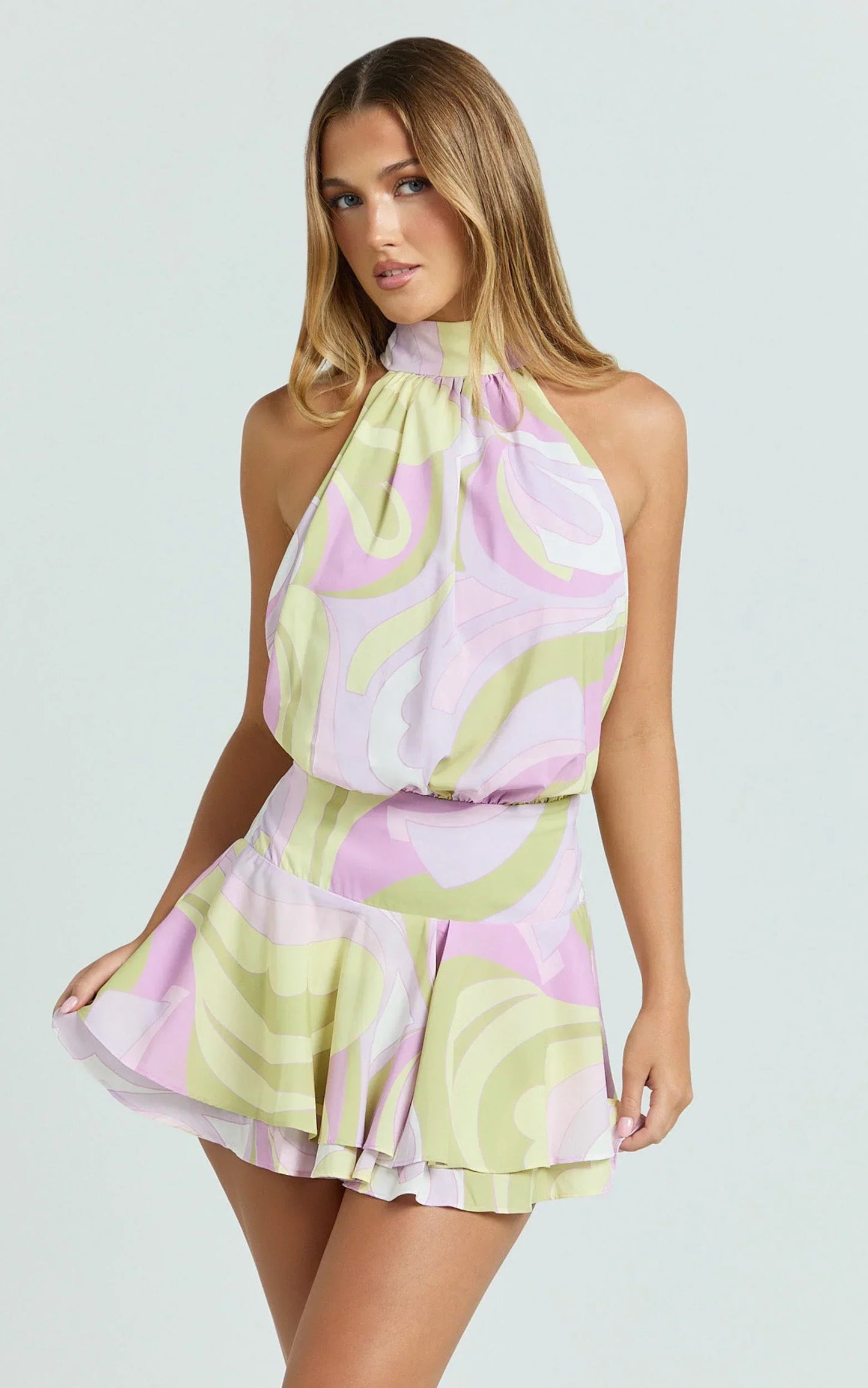 Bryonie Mini Dress - Backless Halter Dress in Swirl Print
