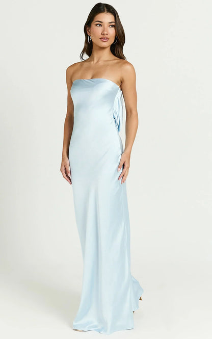 Charlita Maxi Dress - Strapless Cowl Back Satin Dress in Light Blue