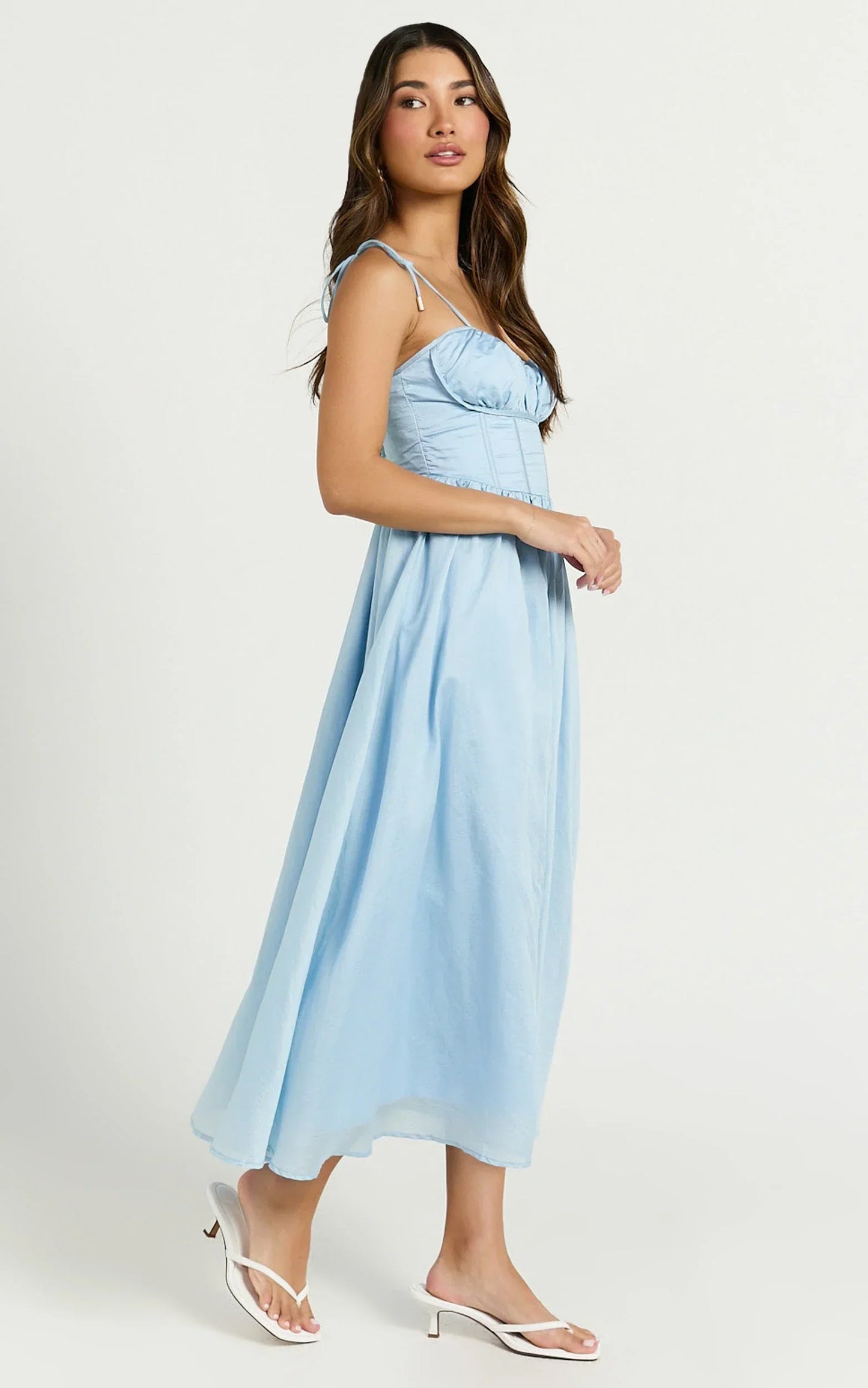 Dolores Midi Dress - Strappy Ruched Bust Corset Waist Dress in Blue