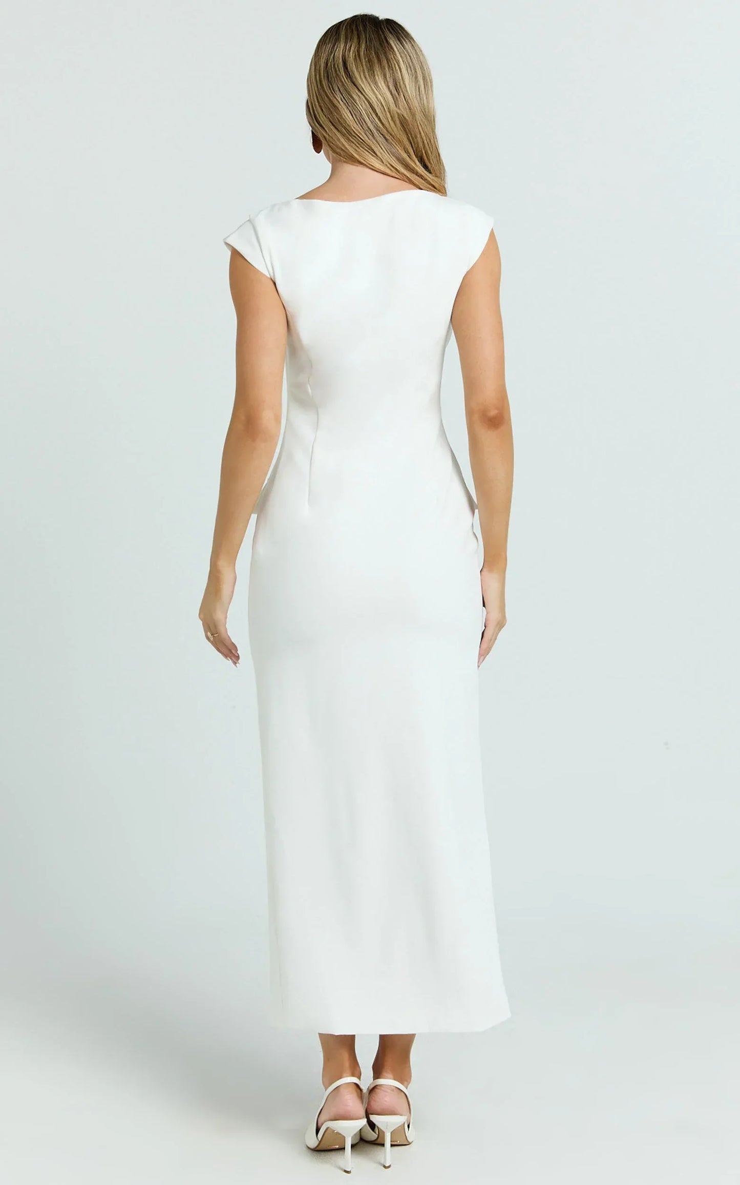 Calista Midi Dress - Boat Neck Button Down Pencil Dress in White