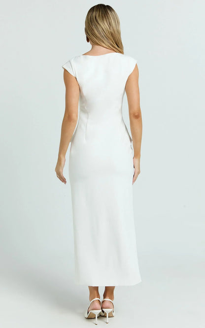 Calista Midi Dress - Boat Neck Button Down Pencil Dress in White