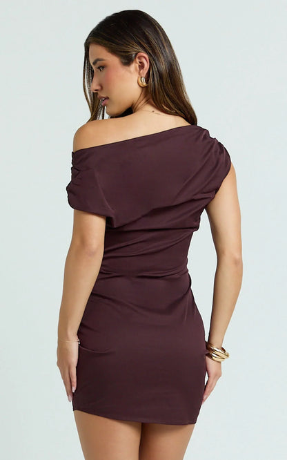 Cleo Mini Dress - Off Shoulder Ruched Bodycon Dress in Chocolate