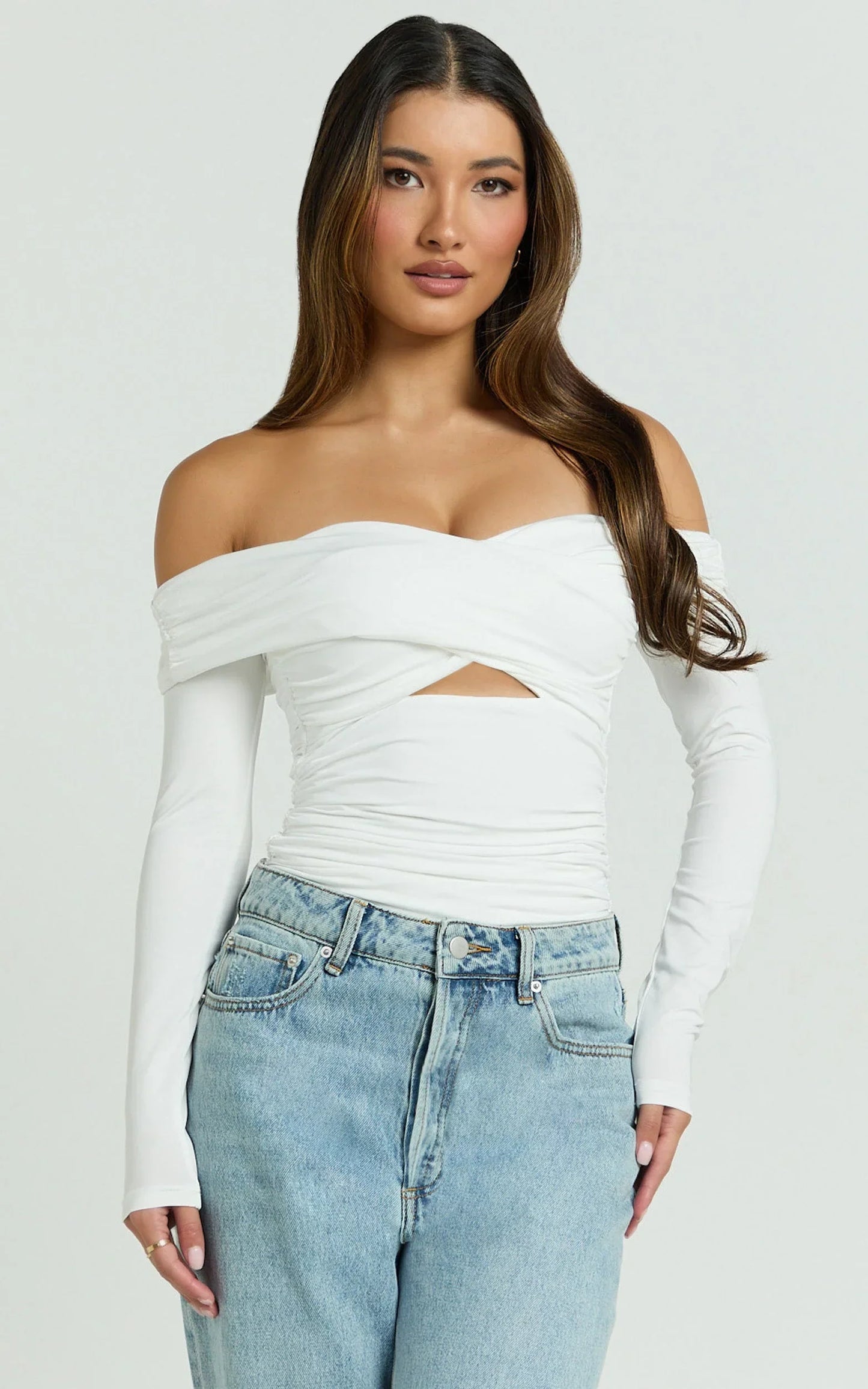 Dana Top - Off Shoulder Long Sleeve Ruched Fitted Top in White