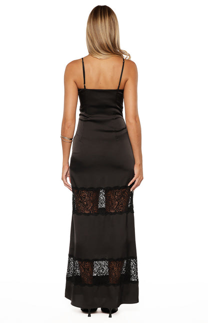 Freyja Black Lace Insert Satin Maxi Dress
