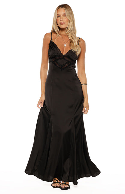 Gabby Black Satin Lace Maxi Dress