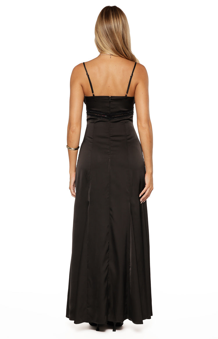 Gabby Black Satin Lace Maxi Dress