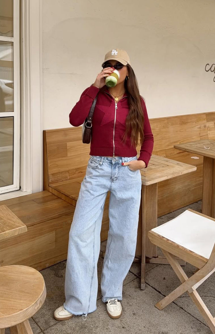 Groove Burgundy Star Zip Up Knit Sweater