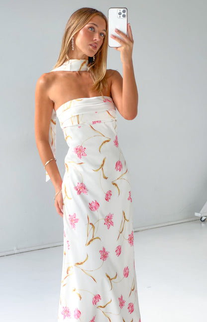Icelynn Cream Floral Print Strapless Satin Maxi Dress