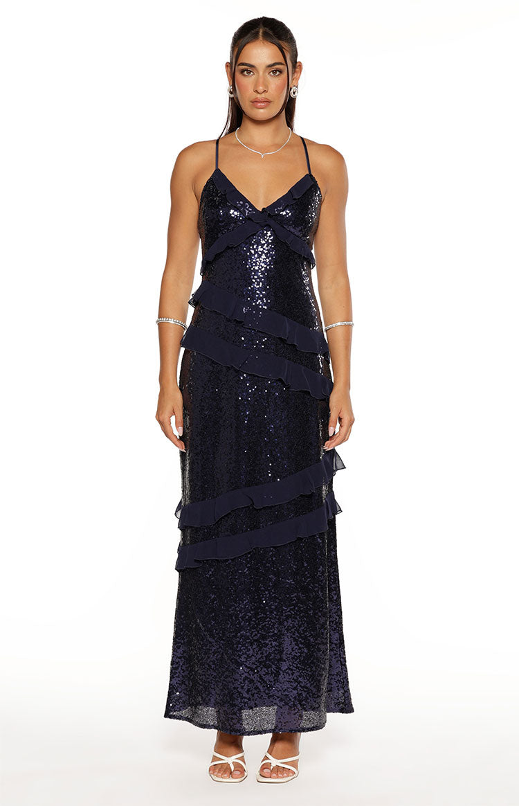 Inara Navy Sequin Ruffle Maxi Dress