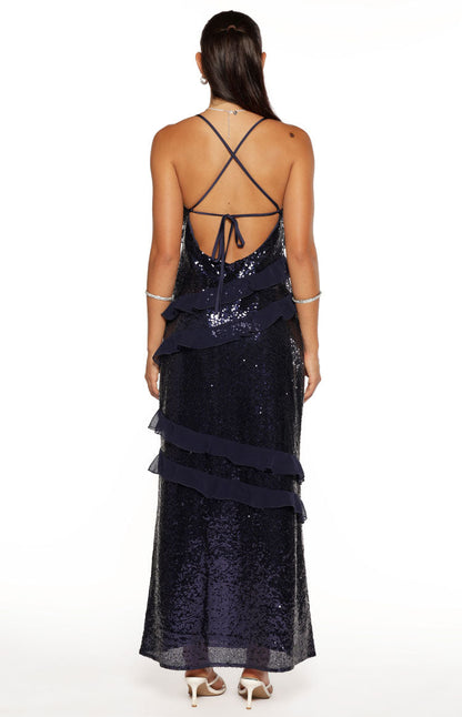 Inara Navy Sequin Ruffle Maxi Dress