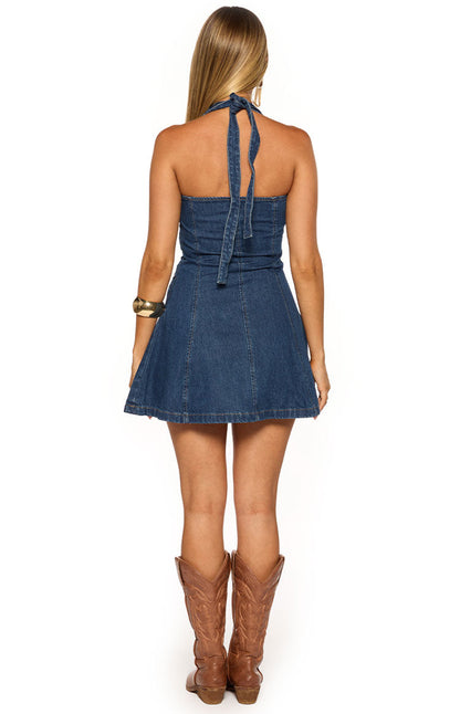Isalin Mid Wash Denim Halter Mini Dress