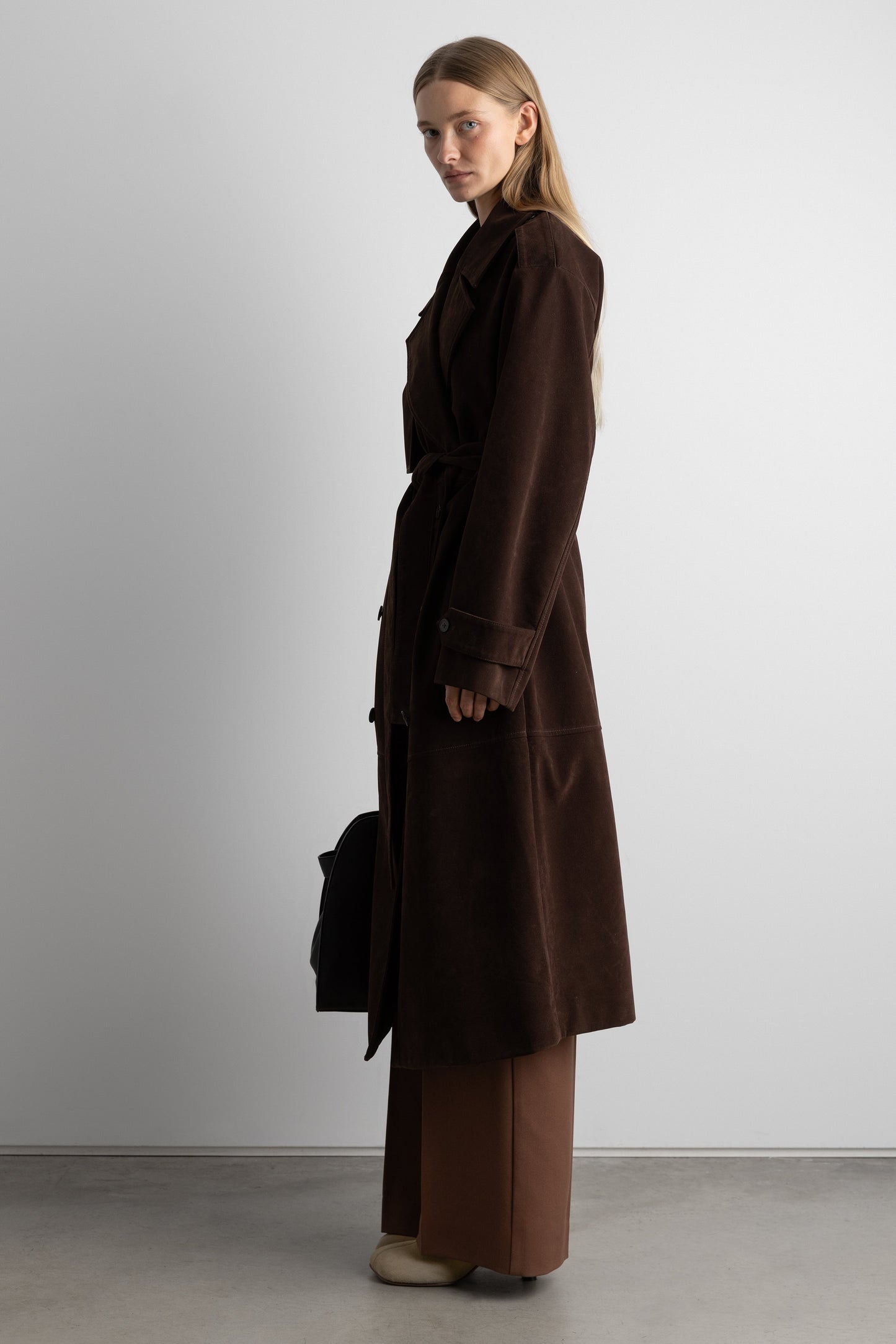 LONG PANELED VEGAN SUEDE TRENCH COAT