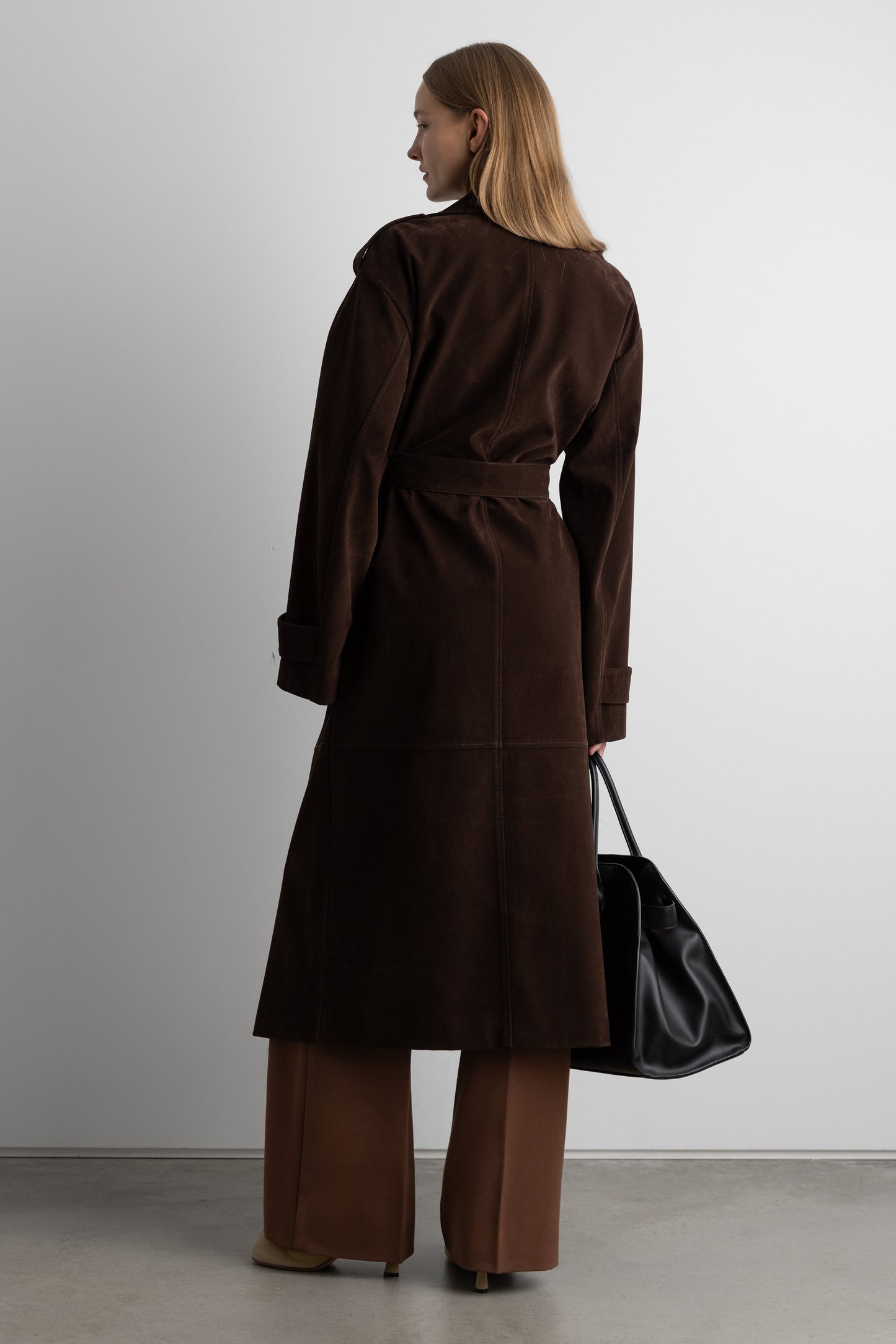LONG PANELED VEGAN SUEDE TRENCH COAT
