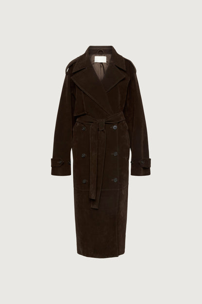 LONG PANELED VEGAN SUEDE TRENCH COAT