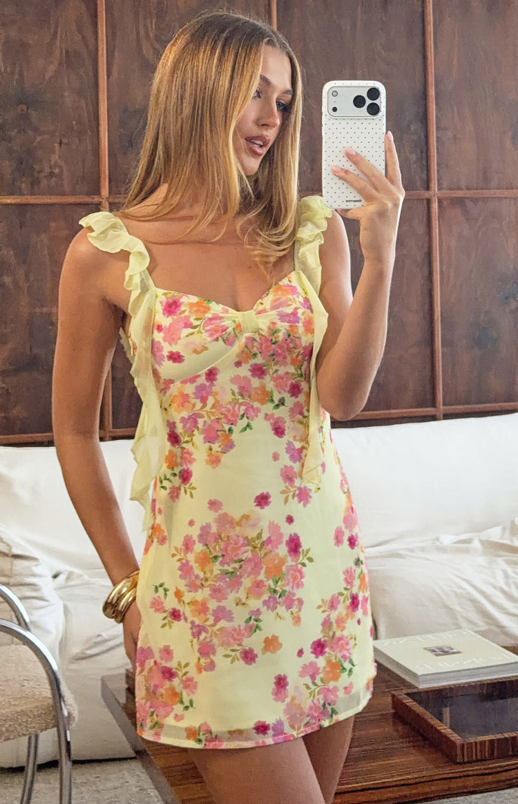 Joyce Yellow Bloom Chiffon Mini Dress